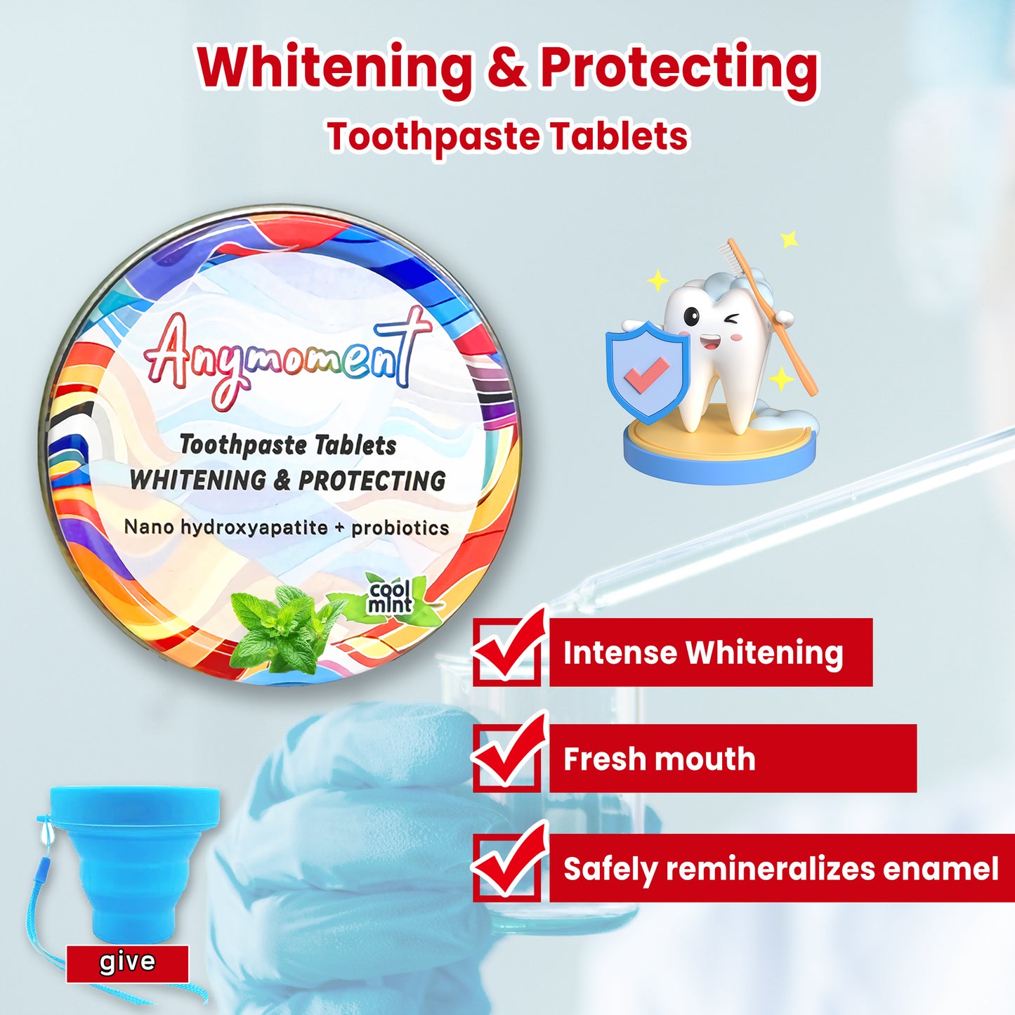 Anymoment Toothpaste Tablets With 7.5% Nano-Hydroxyapatite,remineralizes enamel ,whiten teeth, freshen breath,gift a collapsible cup,convenient and easy to carry for travel use