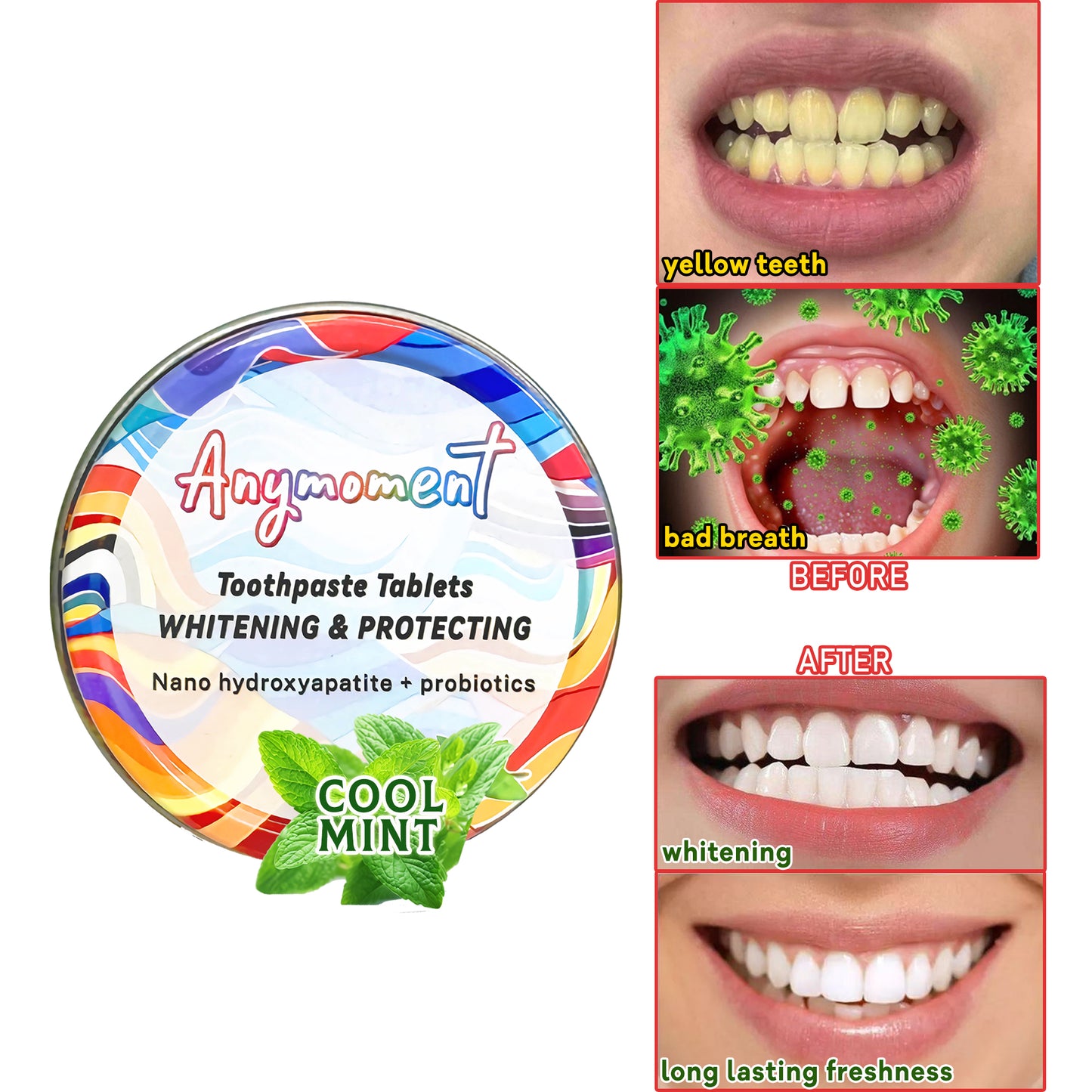 Anymoment Toothpaste Tablets With 7.5% Nano-Hydroxyapatite,remineralizes enamel ,whiten teeth, freshen breath,gift a collapsible cup,convenient and easy to carry for travel use